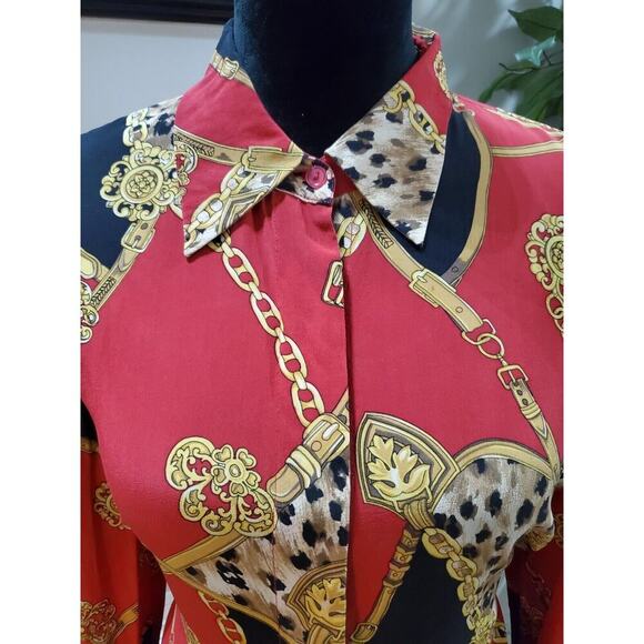 Color Fx Womens Multicolor 100% Silk Collared Long Sleeve Button Down Shirt L - Picture 12 of 13